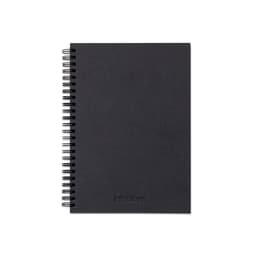 A black A5 planner with a hard cover, spiral binding, and an embossed logo.