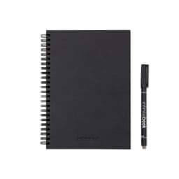 A black spiral-bound planner, a black marker, and a cleaning cloth, all packaged together with branding.