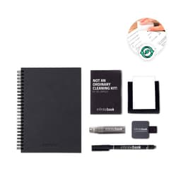 A black hard cover Infinitebook, a cleaning kit, a marker, and a ballpoint holder arranged neatly.
