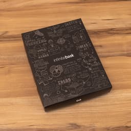 A black Infinitebook A5 planner with a hard cover featuring artistic designs and a logo.