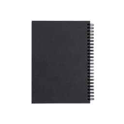 A black spiral-bound notebook with a textured cover, featuring a blank front and a logo.