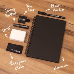 A black spiral-bound notebook, cleaning sponge, spray bottle, black marker, pen loop, and microfiber cloth, with a branding element.
