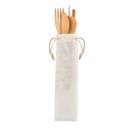 A set of bamboo cutlery including a fork, knife, and spoon in a natural fabric pouch.