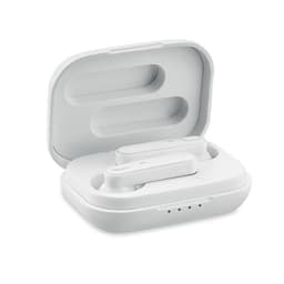 A pair of white wireless earbuds in a charging case. The case is closed and has a sleek design.