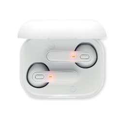 Wireless earphones in a white charging case, with orange indicator lights visible on the earbuds.