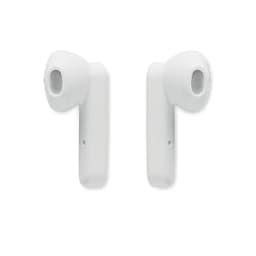 A pair of white wireless earbuds with a sleek design and a mesh speaker grille. The product has branding on the side.