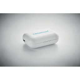 A charging case in white with a logo on top and a USB-C port at the bottom.