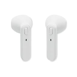 Two pairs of white wireless earphones with a minimalist design and integrated buttons.