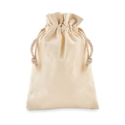 A drawstring bag in a natural cream colour, featuring a rope closure at the top.