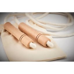 A jump rope with wooden handles and a cotton rope, accompanied by a beige drawstring bag.
