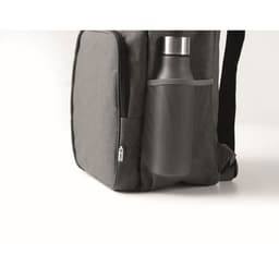 A dark grey bag with a drink bottle secured in a mesh side pocket. The bottle is metallic and sleek.