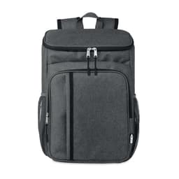 A grey backpack featuring multiple zippered compartments and mesh side pockets. It has adjustable shoulder straps for carrying.