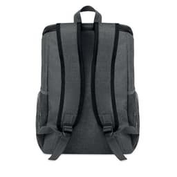 A grey backpack with adjustable straps and mesh side pockets, featuring a simple design and no visible branding.