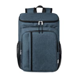A backpack in a blue-grey fabric with multiple zippered compartments and mesh side pockets.