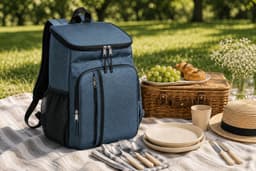 A blue picnic backpack sits on a picnic blanket with plates, cutlery, and food items, set in a grassy outdoor area.