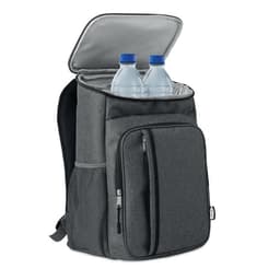 A grey backpack with an open top compartment containing two water bottles and a front zippered pocket.