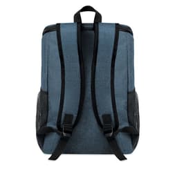A backpack in dark blue with black straps and mesh pockets on the sides. It features a simple design and no visible branding.