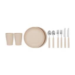 A dining set featuring beige plates, cutlery, and cups, with silver utensils and a simple, modern design.