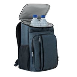 A backpack featuring a grey fabric design with two water bottles visible inside a thermal compartment.