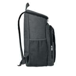 A grey backpack featuring a zippered main compartment and mesh side pocket. It has adjustable shoulder straps.