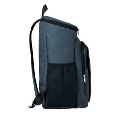 A dark blue backpack with a side mesh pocket and zip closures. It has two adjustable straps.