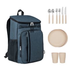 A blue backpack with a front pocket, accompanied by utensils, plates, and cups in a neutral colour.
