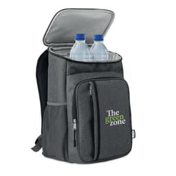A grey backpack with a larger compartment for two water bottles and a front zippered pocket. It has a logo.