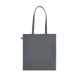 A grey tote bag with two handles and a minimalist design, featuring a logo on the side.