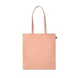 A tote bag in a soft peach colour with two sturdy handles and a small logo on the side.