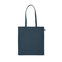 A tote bag in dark blue with two shoulder straps and a small logo tag on the side.