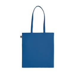 A blue tote bag with long handles and a simple design. It features a logo on one side.
