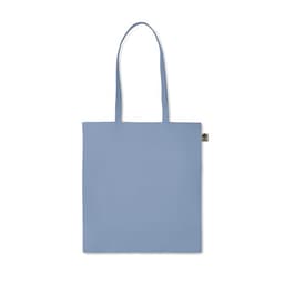 A tote bag in a soft blue hue, featuring two long handles and a small logo on the side.