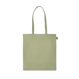 A tote bag in a muted green shade with two shoulder straps and a small logo tag.