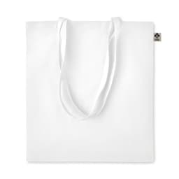 A white tote bag with two shoulder straps and a small logo tag on the side.