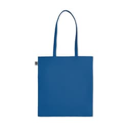A blue tote bag with long handles, featuring a small logo on one side.