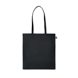 A tote bag in black with two handles and a small logo tag on the side.