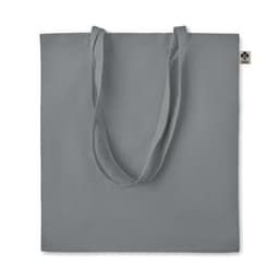 A grey tote bag with two shoulder straps and a small branding label on one side.