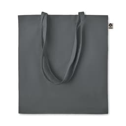 A grey tote bag with two long handles and a small logo tag. The bag is simple and unadorned.