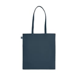A tote bag in a dark blue colour with long handles and a simple design. The bag features a small brand logo.