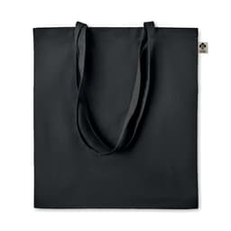 A black tote bag with long handles and a small logo on the side. Simple and versatile design.