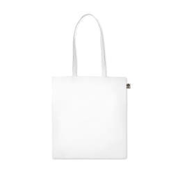 A tote bag in a plain white design with two shoulder straps and a small logo tag.