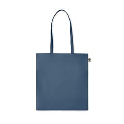 A tote bag in navy blue with two handles and a small branding tag.
