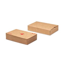 A set of playing cards in a light brown box, featuring red heart designs on some cards.