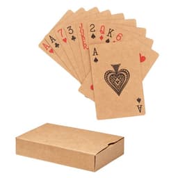 A deck of playing cards featuring hearts and a joker, with a brown cardboard box for storage.