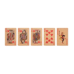 A set of playing cards featuring the King, Queen, Jack, Ten, and Joker, with decorative designs in red and beige.