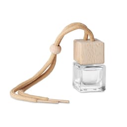 A clear glass air freshener bottle with a wooden cap and a beige rope for hanging.
