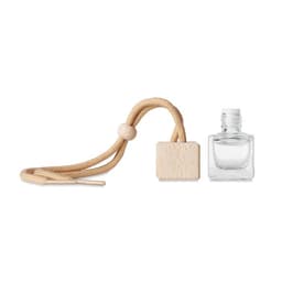 A clear glass bottle with a wooden wooden cap and a beige cord for hanging. The product has a natural, minimalist design.