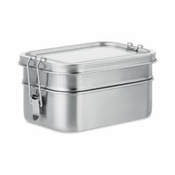 A stainless steel double-layer lunch box with a secure clasp, featuring a sleek, silver design.