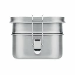 A stainless steel food storage container with a secure metal clasp and a sleek, polished finish.