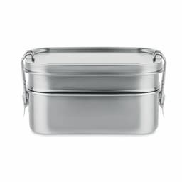 A stainless steel lunch box with a two-tier design and secure clasp. It features a sleek, polished finish.